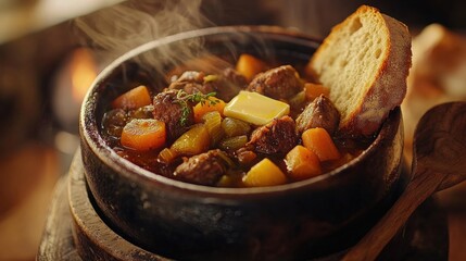 Fototapeta premium Hearty Beef Stew with Root Vegetables Fresh Herbs and Rustic Bread in Wooden Bowl with Warm and Cozy Fire Background