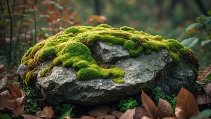 A close-up shot of a moss-covered rock, surrounded by dry leaves and twigs scattered in the vicinity.