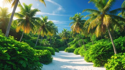 A pristine sandy beach lined with shrubs and palm trees, showcasing an exotic natural landscape. Tropical trees along the ocean shore. Rest, vacation, and relaxation. Copy space.