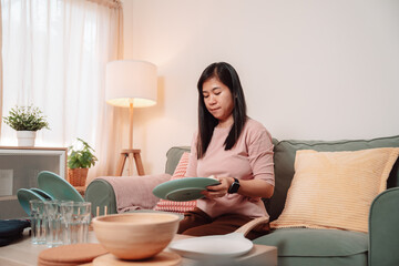 Asian Female Housework Dish Woman Cleaner Washer Hygiene Work Smile, Cheerful Young Woman Enjoys...