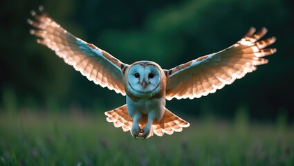 A closeup of a barn owl flying low over a field with a dark green blurred background.