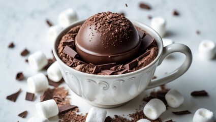A cocoa bomb in a cup with marshmallows and chocolate that melts when hot milk is poured creates a stylish and enjoyable beverage. a white background.