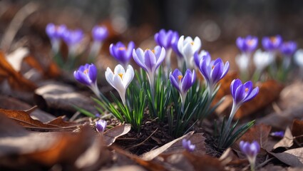 A detailed view of bright purple and white crocus flowers blossoming in early spring, encircled by green grass and dried leaves.