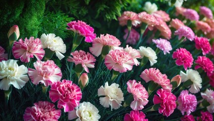 A detailed close-up of stunning pink Dianthus flowers in full bloom, thriving outdoors within a natural garden environment.