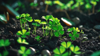 A closeup view of fertile soil, rich in organic matter, with emerging seedlings representing new life and growth.