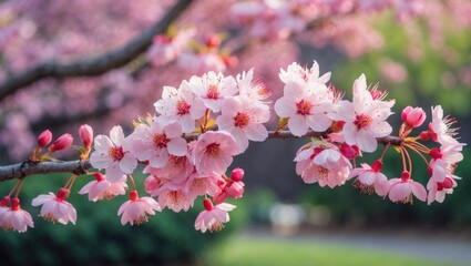 A detailed close-up of a stunning plum tree branch showcasing vibrant pink flowers.