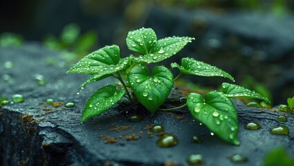 A close-up of a tiny green plant with multiple fresh leaves, covered in water droplets, emerging from a textured surface.