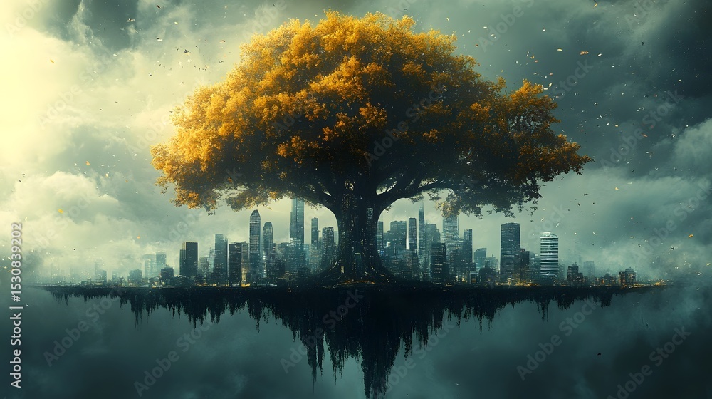 Poster a surreal visually striking image depicting a conceptual city that grows organically like a tree wit