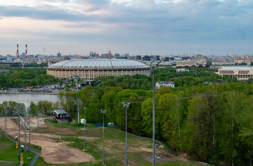 View of the Luzhniki Stadium Sports Complex from the observation deck on Vorobyovy Gory.