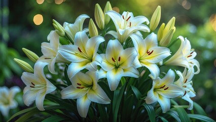 A beautiful cluster of delicate white lilies blossoms brightly, encircled by greenery in a peaceful garden during dusk.