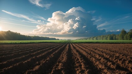 A cloud is drifting over a field in this landscape, which features woodland, an empty field, and clouds; the plowed field is now prepared for crop planting.