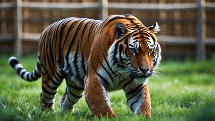 A closeup shot of a growling striped tiger walking on the grass within a sanctuary.