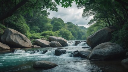 A clear river flows gently, with water sparkling and weaving past smooth stones and abundant greenery.