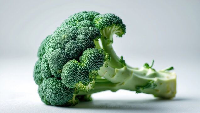 A close-up shot of broccoli displayed against a white background.