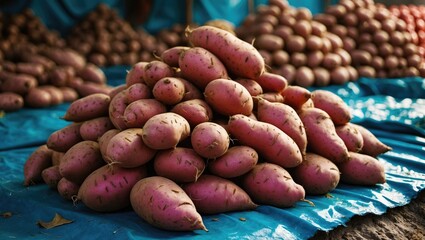 A detailed close-up of a collection of sweet potatoes and yams, including brown and purple varieties, arranged on a blue tarp, probably at a market or farm.