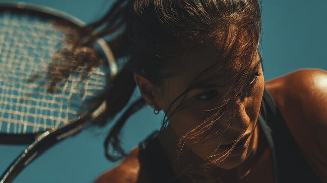 Mid-shot of female tennis player swinging racket with full force.