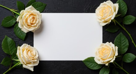 Cream roses with green leaves frame a blank white card on a black textured background