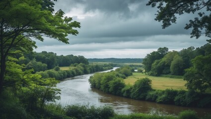 Fototapeta premium A stunning river moves softly through a lively and verdant green field, which is elegantly encircled by tall and majestic trees