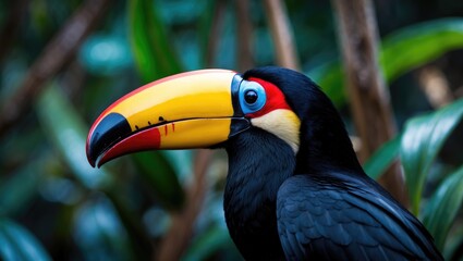 Fototapeta premium A toucan perches on a branch, its vibrant beak standing out against lush greenery, representing tropical charm.