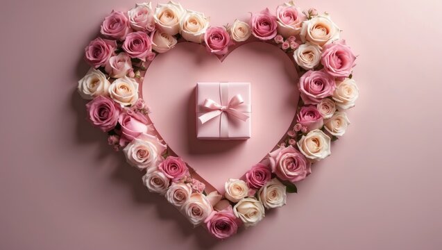 8 March greeting card design featuring flowers and a gift box, viewed from above. Happy International Women's Day