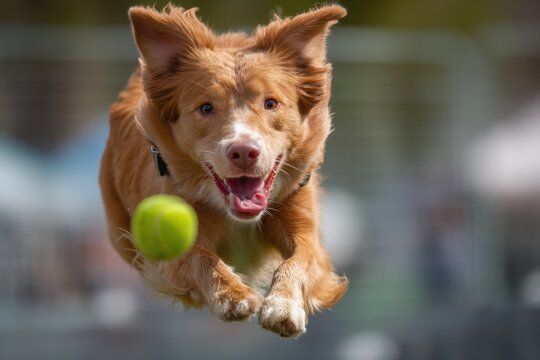 Dog Sports Competition Nova Scotia Duck Tolling Retriever in Flyball Race Team Competition Athletic Performance Sporting Achievement