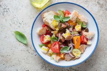 Plate with tuscan-style tomato and bread salad or panzanella on a beige granite background, high angle view, horizontal shot