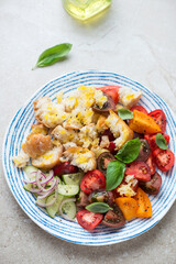 Blue and white plate with panzanella or italian tomato and bread salad, vertical shot on a beige stone background, high angle view