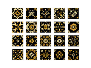 Geometric Tile Logo Set, Black and Gold Beige Traditional Mediterranean Mosaic Floral Square Icons with Ornate Flower, Portuguese Azulejo Ceramic Spanish or Mexican Talavera Ornaments