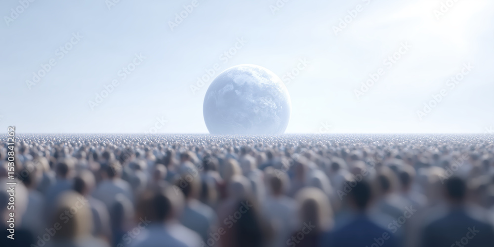Poster vast crowd of diverse individuals standing together, gazing at a large celestial body in a bright sk