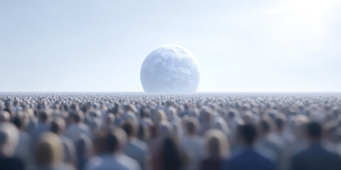 Obraz premium Vast crowd of diverse individuals standing together, gazing at a large celestial body in a bright sky, creating a sense of unity and wonder in an expansive landscape