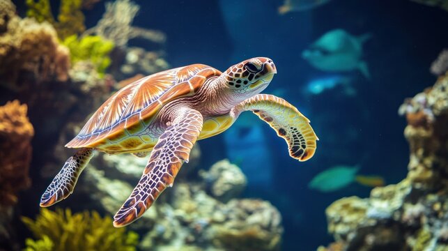 Colorful sea turtle in aquarium