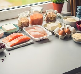 Fresh and healthy ingredients including chicken and salmon, arranged on a clean surface. Ideal for concepts of balanced diet, meal prep, protein, and nutrition.


