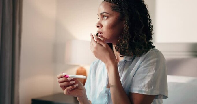 Pregnancy test, shocked and woman in home for results, regret mistake and upset in bedroom. Thinking, urine stick and pregnant person disappointed about unplanned motherhood, shame or fertility