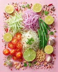 Fresh and colorful salad ingredients arranged artfully.
