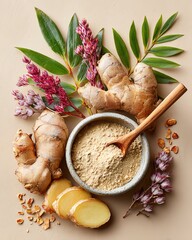 Fresh ginger roots and powder with plants.