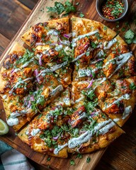 Delicious pizza topped with fresh herbs and sauces.
