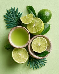 Fresh limes and lime juice on a green background.