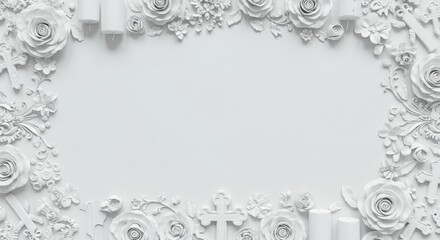 White roses crosses and candles create a decorative frame isolated on white background