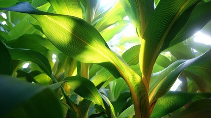 Sunlight filters through lush green corn leaves, creating a vibrant, natural scene.