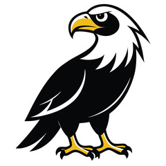 Cartoon eagle character stands attentively with a stern gaze and is outlined in black