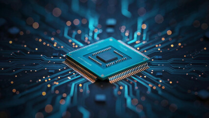 Futuristic CPU Chip on Illuminated Circuit Board Background