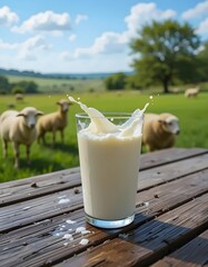 glass of milk on wooden table with splash, farm and sheep in the background vertical