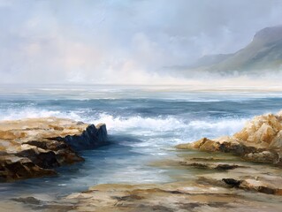 Fototapeta premium Misty seascape with rocky coastline and crashing waves