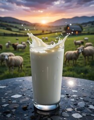 glass of milk on the table in a village farm with sheep in sunset vertical