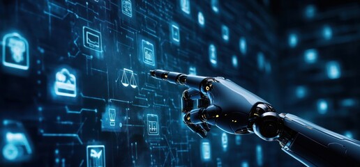Obraz premium Robotic Hand Interacting with Digital Legal Interface