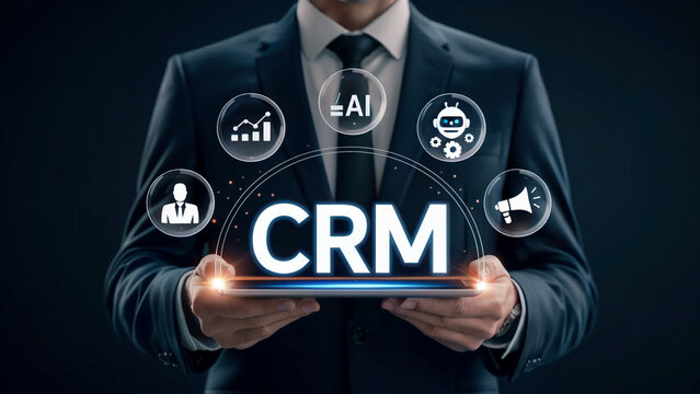Businessman Displaying CRM with AI Technology Icons