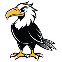 Cartoon eagle mascot with yellow beak and talons stands proudly looking ahead