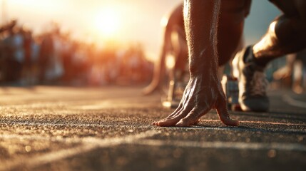 Side view of runner at starting line, golden sunlight glowing.