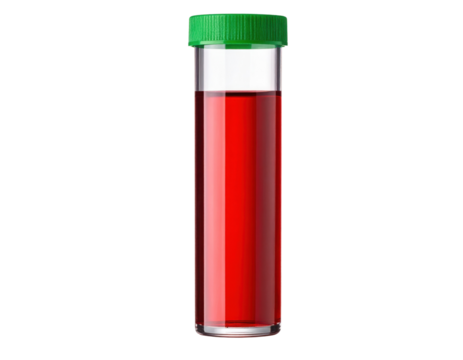 A transparent test tube filled with red liquid and sealed with a green screw cap. - Powered by Adobe