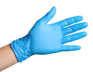 A hand wearing a blue disposable medical glove is shown with fingers spread against a black background.